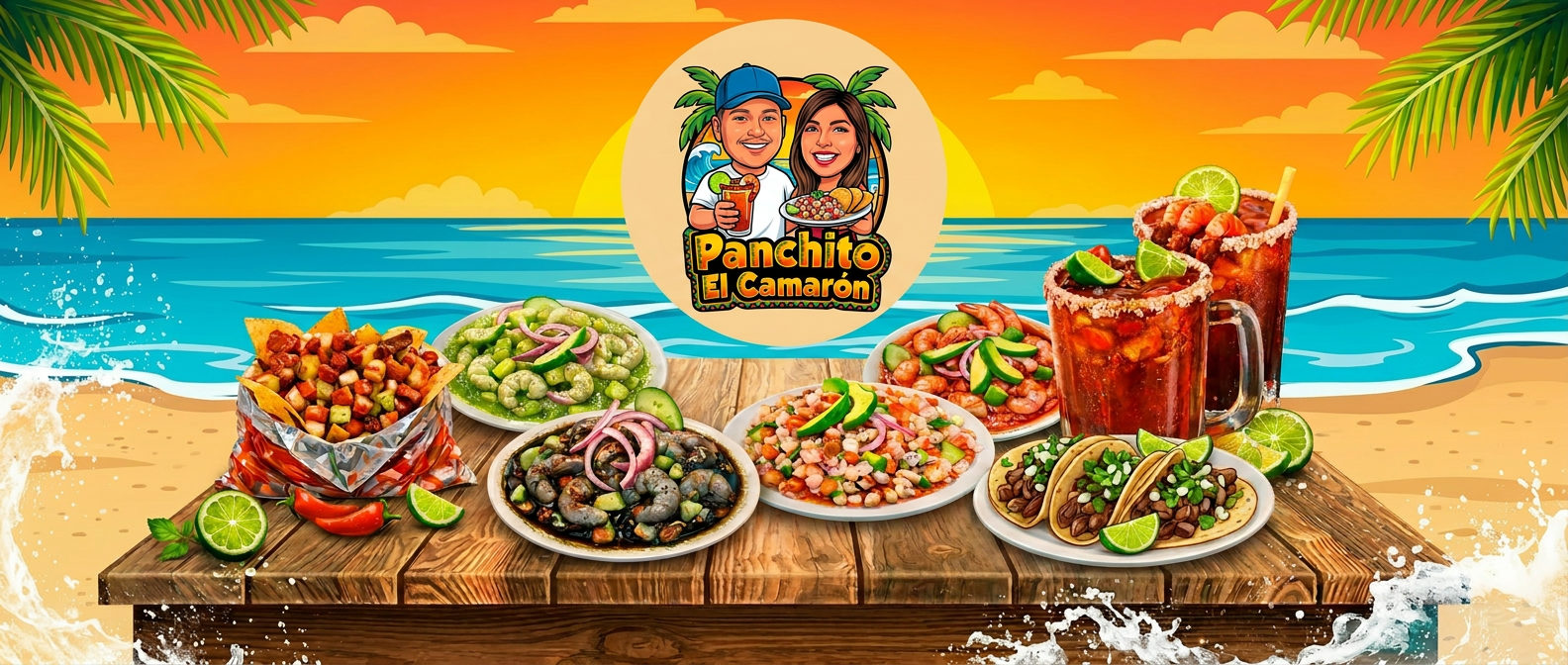 Panchito El Camarón y Más logo with a table of mariscos